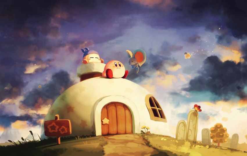 bandana_waddle_dee bug butterfly chimney closed_eyes clouds cloudy_sky door elfilin highres house kirby kirby's_house kirby_(series) kirby_and_the_forgotten_land looking_up shadow_kirby sign sky sleeping smile star_(symbol) sunset suyasuyabi tree ufo_(kirby) warp_star window