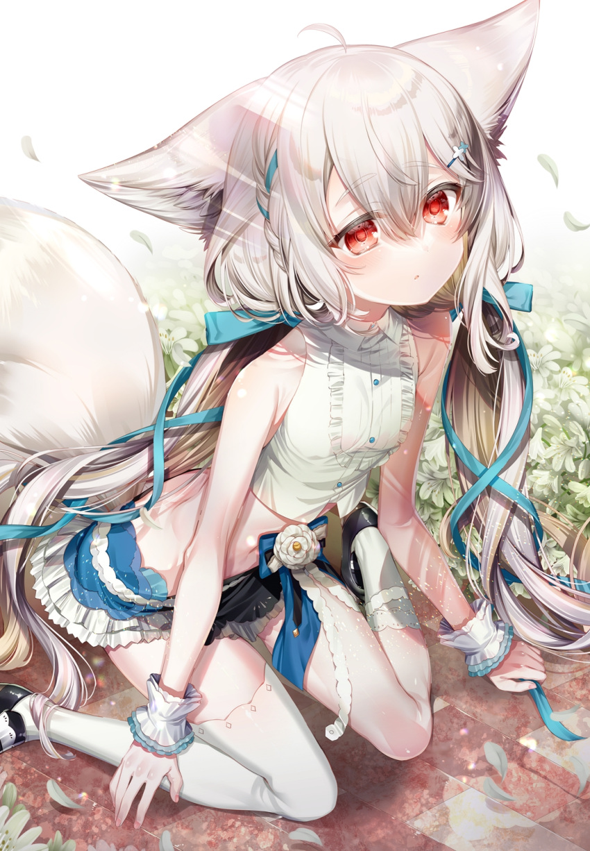 1girl animal_ears chi_no commentary_request commission eyebrows_visible_through_hair fox_ears fox_girl fox_tail hair_ornament highres long_hair looking_at_viewer low_twintails original red_eyes sakurada_shiro skirt solo tail twintails very_long_hair white_hair
