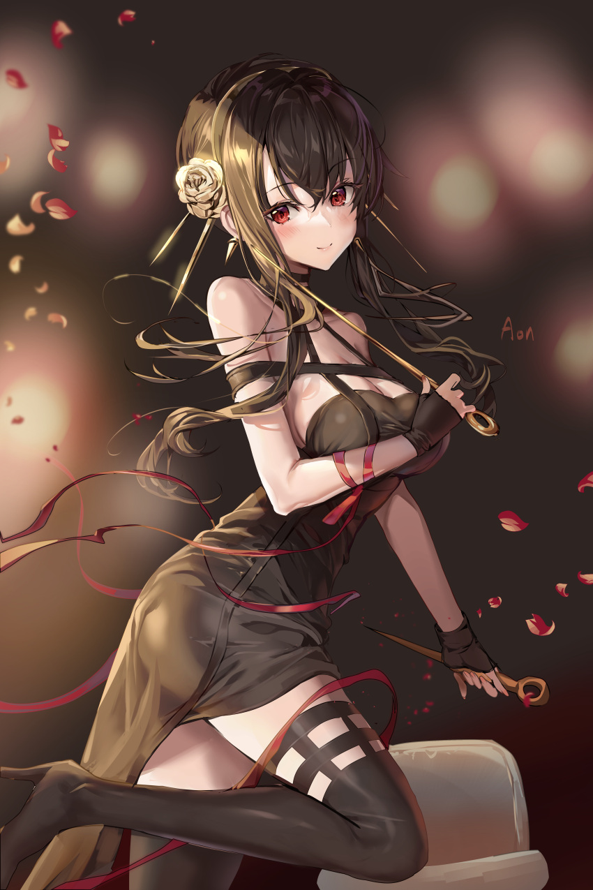 1girl a_(sofi3103) absurdres artist_name bangs black_dress black_gloves black_hair black_legwear blush boots breasts closed_mouth dagger dress dual_wielding earrings eyebrows_visible_through_hair falling_petals fingerless_gloves floating_hair from_side gloves gold gold_earrings gold_hairband highres holding holding_dagger holding_weapon jewelry knee_up knife large_breasts long_hair looking_at_viewer petals red_eyes revision rose_hair_ornament sidelocks smile solo spikes spy_x_family thigh-highs thigh_boots weapon yor_briar zettai_ryouiki
