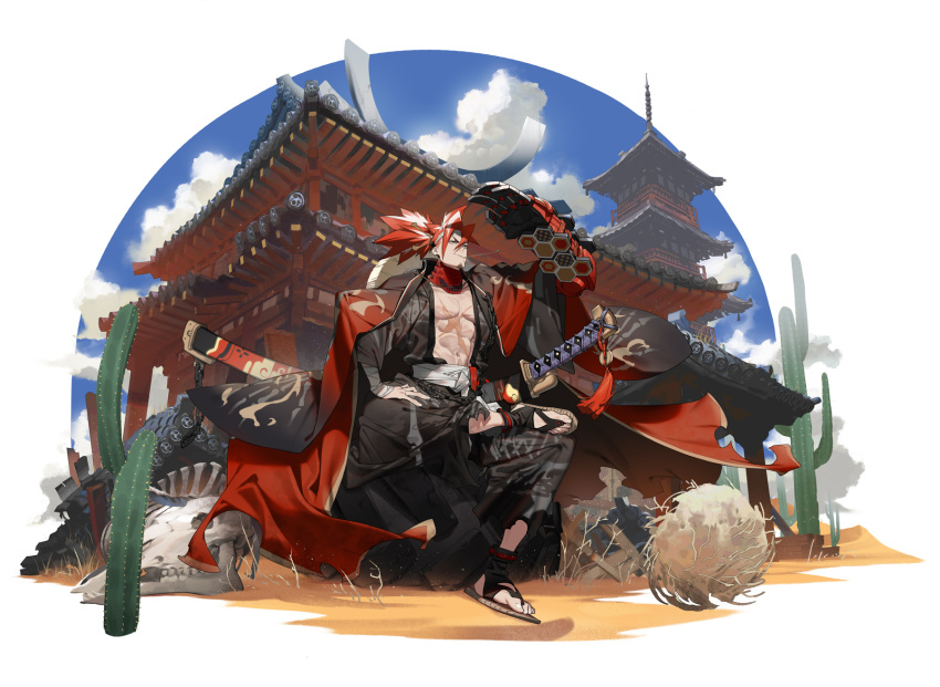 1boy alchemy_stars animal_skull architecture bandaged_arm bandages blue_sky cactus closed_mouth cross_scar day east_asian_architecture hand_on_hip hand_up highres katana long_sleeves male_focus mouth_hold official_art outdoors oversized_forearms oversized_limbs ponytail redhead ryota-h scar scar_on_chest sky smile solo stalk_in_mouth sword tumbleweed weapon