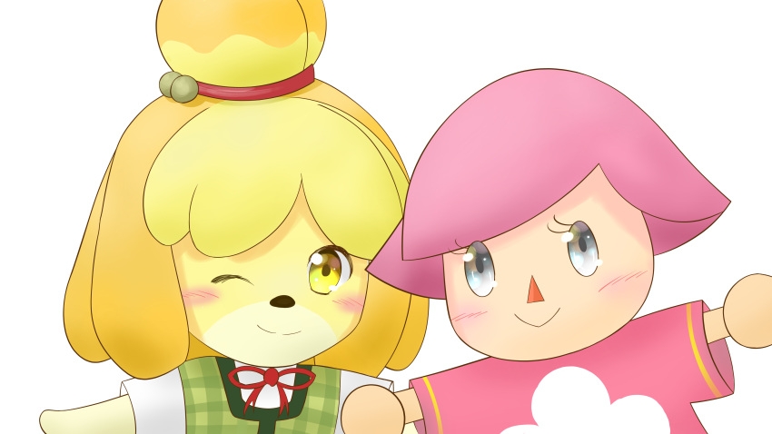 2girls absurdres animal_crossing animal_ears blonde_hair canine chibi closed_mouth cute dog dog_ears dress grey_eyes highres human isabelle_(animal_crossing) looking_at_viewer mammal minttearz multiple_girls nintendo one_eye_closed personification pink_dress pink_hair short_hair smile super_smash_bros. villager_(animal_crossing) villager_(animal_crossing)_(female) white_background