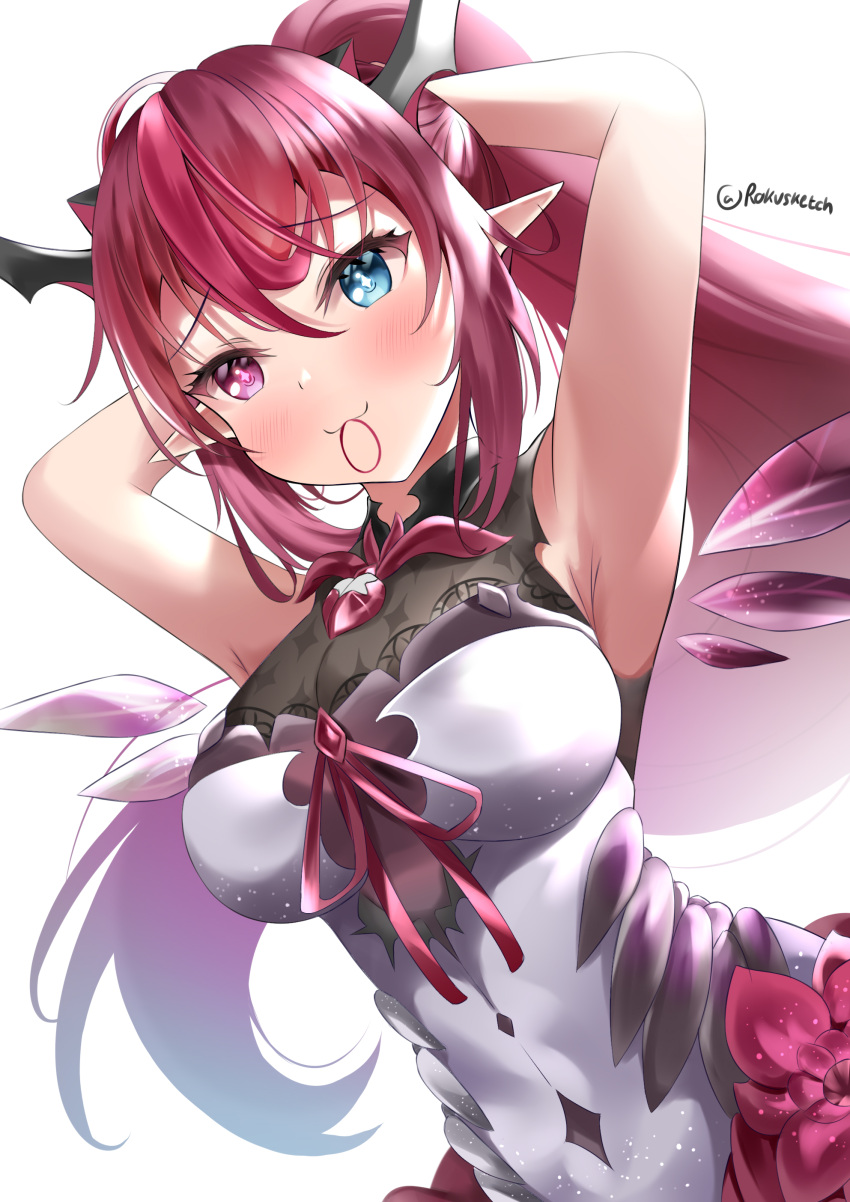 +_+ 1girl :3 absurdres armpits arms_up bangs bare_shoulders blue_eyes blush breasts brooch closed_mouth detached_wings dress eyebrows_visible_through_hair flower gloves gloves_removed hair_between_eyes hair_tie heterochromia highres hololive hololive_english horns irys_(hololive) jewelry lace_trim large_breasts long_bangs long_hair looking_ahead mouth_hold pointy_ears ponytail purple_hair ribbon rokusketch shirt sidelocks simple_background sleeveless sleeveless_shirt smile tight tight_dress twitter_username tying_hair very_long_hair violet_eyes virtual_youtuber white_background wings