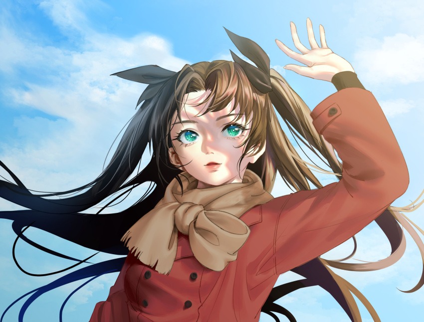 1girl aqua_eyes arm_up bangs black_hair black_ribbon blue_sky clouds day fate/stay_night fate_(series) floating_hair hair_ribbon hanayaka highres jacket lips long_hair looking_to_the_side looking_up outdoors parted_lips red_jacket ribbon scarf shadow sky solo sunlight tohsaka_rin two_side_up upper_body wind