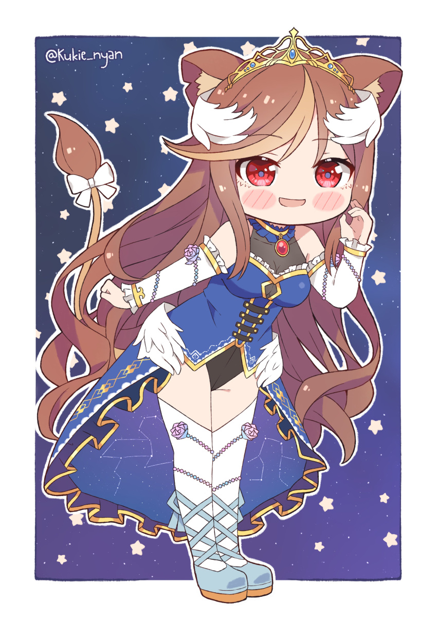 1girl absurdres animal_ears black_leotard blue_dress blue_footwear border bow brown_hair chibi dress english_commentary hazumi_aileen head_wings highres indie_virtual_youtuber kukie-nyan leaning_forward leotard lion_ears lion_girl lion_tail long_hair low_wings night night_sky second-party_source sky solo star_(sky) tail tail_bow tail_ornament thigh-highs twitter_username virtual_youtuber white_border white_legwear wings