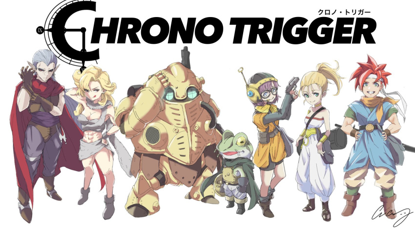 3girls armor ayla_(chrono_trigger) blonde_hair blue_eyes breasts cape chrono_trigger closed_mouth crazy02oekaki crono_(chrono_trigger) frog_(chrono_trigger) glasses gun helmet highres jewelry long_hair looking_at_viewer lucca_ashtear magus_(chrono_trigger) marle_(chrono_trigger) multiple_boys multiple_girls ponytail purple_hair redhead robo_(chrono_trigger) robot scarf shield short_hair simple_background smile weapon white_background