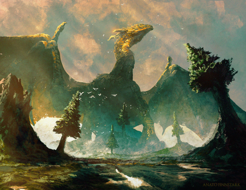 anato_finnstark clouds cloudy_sky commentary day dragon english_commentary flock giant giant_monster no_humans outdoors scenery signature sky smaug the_hobbit tolkien's_legendarium tree