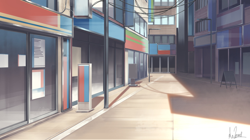 building city cityscape commentary_request hakuurei_amano highres lamppost no_humans original outdoors power_lines road scenery shadow shop shopping_district street utility_pole watermark window