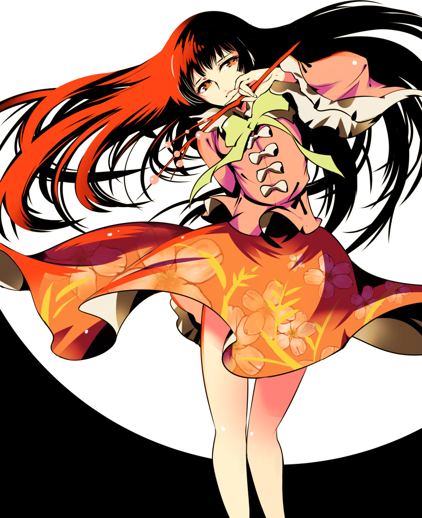 1girl absurdres black_hair branch brown_eyes closed_mouth feet_out_of_frame floral_print frilled_sleeves frills highres holding houraisan_kaguya ichizen_(o_tori) japanese_clothes jeweled_branch_of_hourai long_hair long_sleeves one-hour_drawing_challenge pink_shirt red_skirt shirt skirt solo touhou wide_sleeves