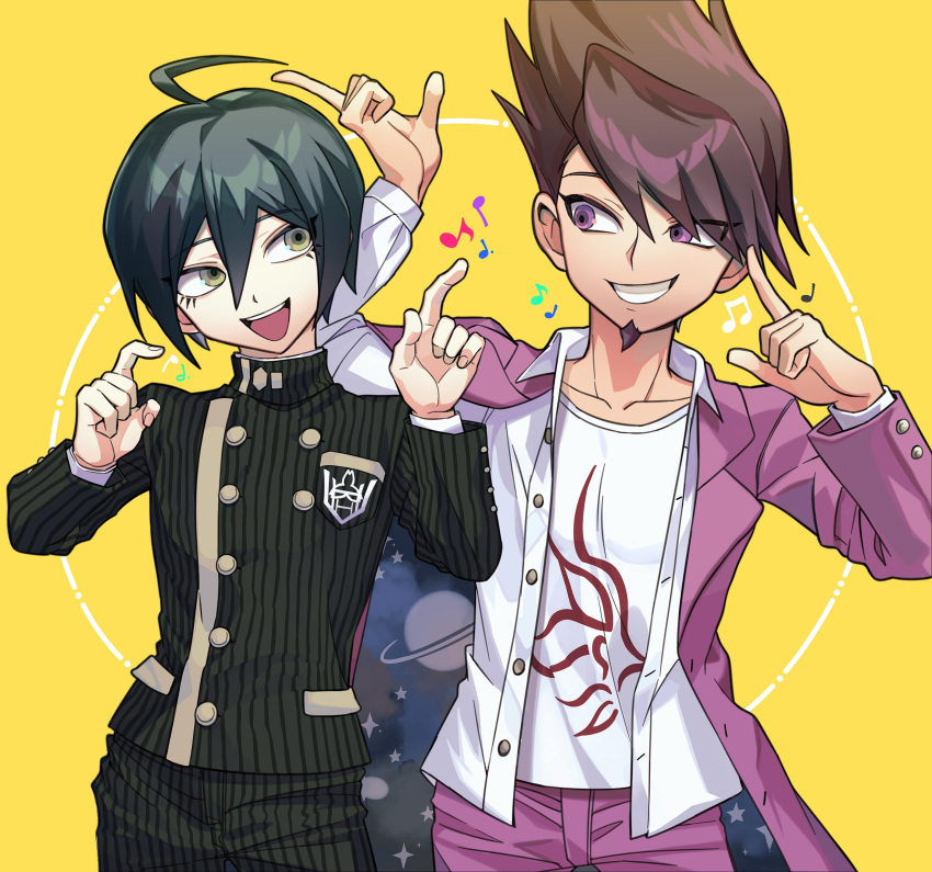2boys :d ahoge bangs black_pants brown_eyes brown_hair buttons collarbone danganronpa_(series) danganronpa_v3:_killing_harmony deki_(dekiebi) double-breasted facial_hair goatee grin hair_between_eyes hands_up highres jacket looking_at_another male_focus momota_kaito multiple_boys musical_note open_clothes open_jacket open_shirt pants pink_eyes pink_jacket pink_pants print_shirt saihara_shuuichi shiny shiny_hair shirt sideways_glance smile space_print starry_sky_print striped striped_jacket striped_pants teeth upper_teeth white_shirt yellow_background