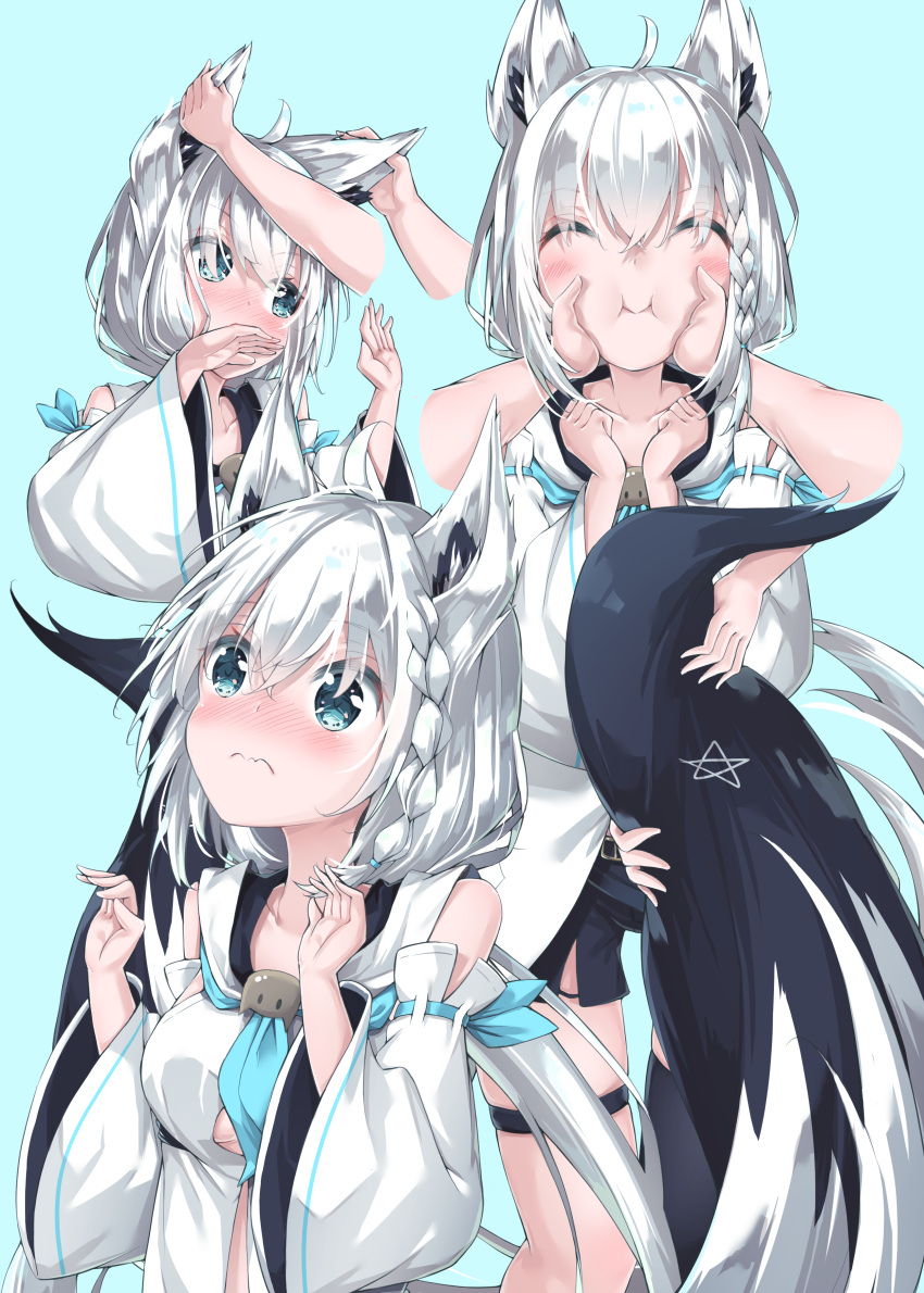 absurdres ahoge animal_ear_fluff animal_ears bangs black_legwear black_shorts blue_background blue_neckerchief blush braid breasts closed_eyes commentary_request detached_sleeves eyebrows_visible_through_hair fox_ears fox_girl fox_tail green_eyes hair_between_eyes hands_on_another's_cheeks hands_on_another's_face highres hololive hood hoodie ikamoworkshop long_hair multiple_views neckerchief pentagram pov pov_hands shirakami_fubuki short_shorts shorts sidelocks simple_background single_braid single_thighhigh small_breasts tail thigh-highs thigh_strap touching_ears touching_tail virtual_youtuber wavy_mouth white_hair white_hoodie