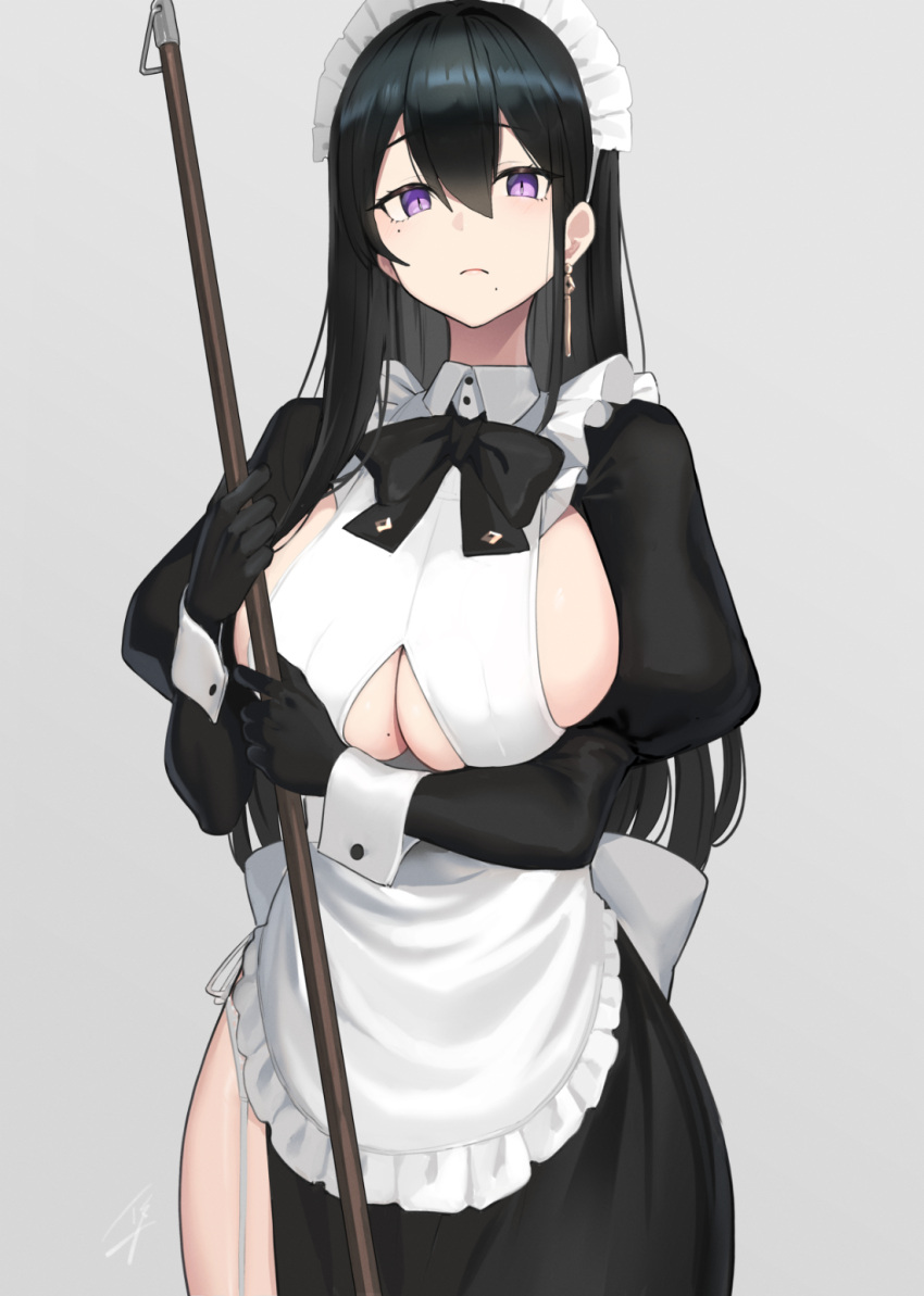 1girl apron bangs black_bow black_bowtie black_dress black_gloves black_hair blush bow bowtie breasts classy-black-haired_girl_(hayabusa) clothing_cutout commentary_request dress earrings gloves grey_background hayabusa highres holding jewelry large_breasts long_hair long_sleeves looking_at_viewer maid maid_headdress mole mole_on_breast mole_under_eye mole_under_mouth original puffy_sleeves revision side_slit sideboob simple_background single_earring solo under_boob underboob_cutout violet_eyes white_apron wrist_cuffs