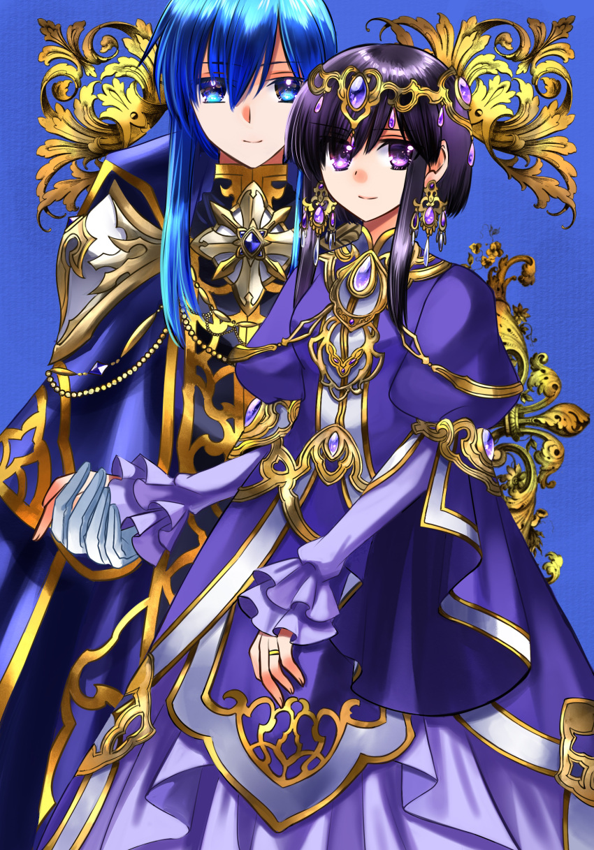 1boy 1girl 74 alternate_costume black_hair blue_background blue_cape blue_eyes blue_hair cape closed_mouth commentary_request commission diadem dress earrings fire_emblem fire_emblem:_genealogy_of_the_holy_war formal frilled_sleeves frills gloves hair_between_eyes high_collar highres holding_hands husband_and_wife jewelry juliet_sleeves larcei_(fire_emblem) long_hair long_sleeves looking_at_viewer puffy_sleeves purple_dress ring seliph_(fire_emblem) short_hair_with_long_locks sidelocks skeb_commission smile violet_eyes wedding_ring white_gloves