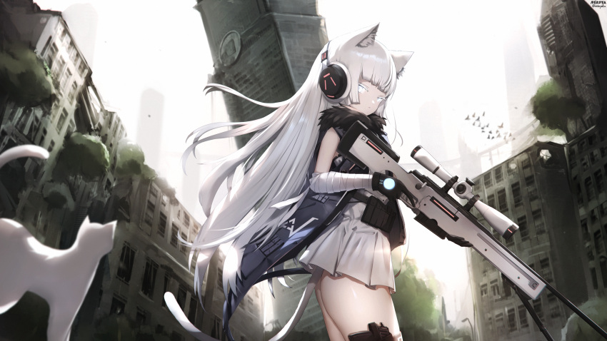1girl absurdres ai_arctic_warfare animal animal_ear_fluff animal_ears awp_(girls'_frontline)_(nekoya_(liu)) bandaged_arm bandages bird black_gloves blue_eyes bolt_action building cat cat_ears cat_girl cat_tail closed_mouth colored_eyelashes commentary commission dress english_commentary girls_frontline gloves gun headphones highres holding holding_gun holding_weapon long_hair looking_at_viewer nekoya_(liu) original overgrown pleated_dress rifle ruins skyscraper sleeveless sleeveless_dress sniper_rifle sniper_scope solo standing tail trigger_discipline very_long_hair weapon white_cat white_dress white_hair