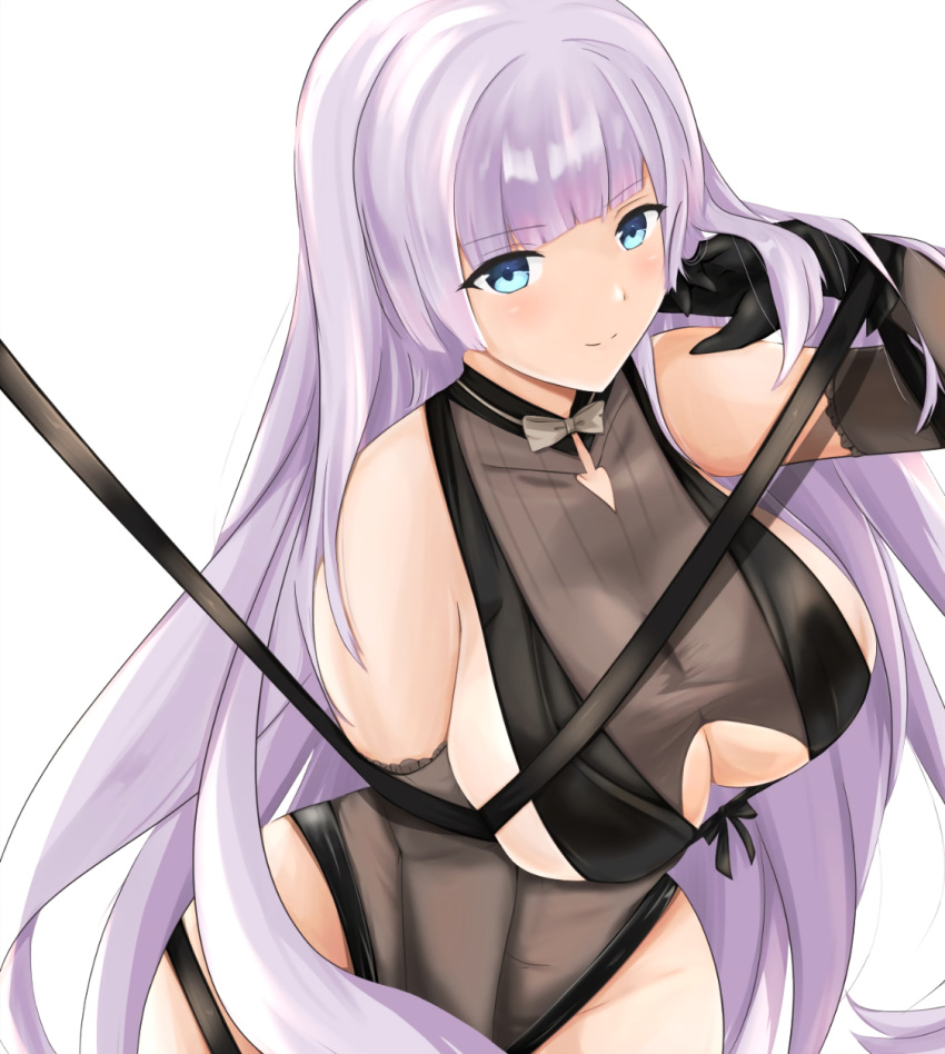 1girl aqua_eyes azur_lane bangs bare_shoulders black_gloves blunt_bangs breasts brown_leotard clothing_cutout elbow_gloves eyebrows_visible_through_hair gloves gneisenau_(azur_lane) gneisenau_(nightmarish_succubus)_(azur_lane) halloween_costume highres large_breasts leotard long_hair no_eyewear official_alternate_costume purple_hair revealing_clothes sa_(nax49) sideboob