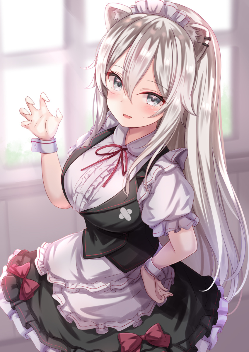 1girl animal_ear_fluff animal_ears apron bangs black_skirt black_vest blush breasts center_frills claw_pose ear_piercing fangs frilled_apron frilled_skirt frilled_sleeves frills grey_eyes grey_hair hair_between_eyes highres hololive large_breasts lion_ears long_hair looking_at_viewer maid_headdress neck_ribbon panties piercing puffy_short_sleeves puffy_sleeves red_ribbon ribbon shirt shishiro_botan short_sleeves skirt smile solo underwear very_long_hair vest virtual_youtuber white_apron white_shirt wrist_cuffs yuano