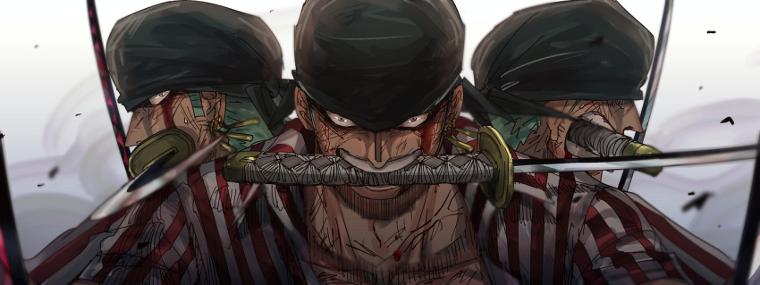 3boys bandana blood blood_on_face fighting_stance green_hair holding holding_sword holding_weapon injury male_focus multiple_boys multiple_persona nekome3 one_piece roronoa_zoro shading_eyes sword weapon