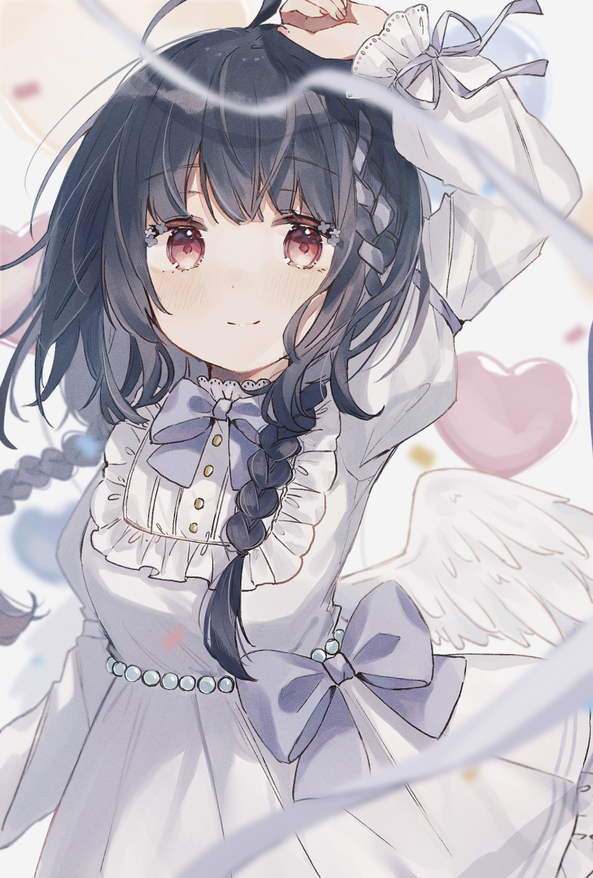 1girl arm_up bangs black_hair blurry blurry_foreground blush bow braid breasts closed_mouth commentary_request depth_of_field dress eyebrows_visible_through_hair feathered_wings highres long_hair long_sleeves looking_at_viewer low_twintails low_wings original puffy_long_sleeves puffy_sleeves purple_bow red_eyes ribbon shano-pirika sleeves_past_wrists small_breasts smile solo twin_braids twintails very_long_hair white_dress white_ribbon white_wings wings