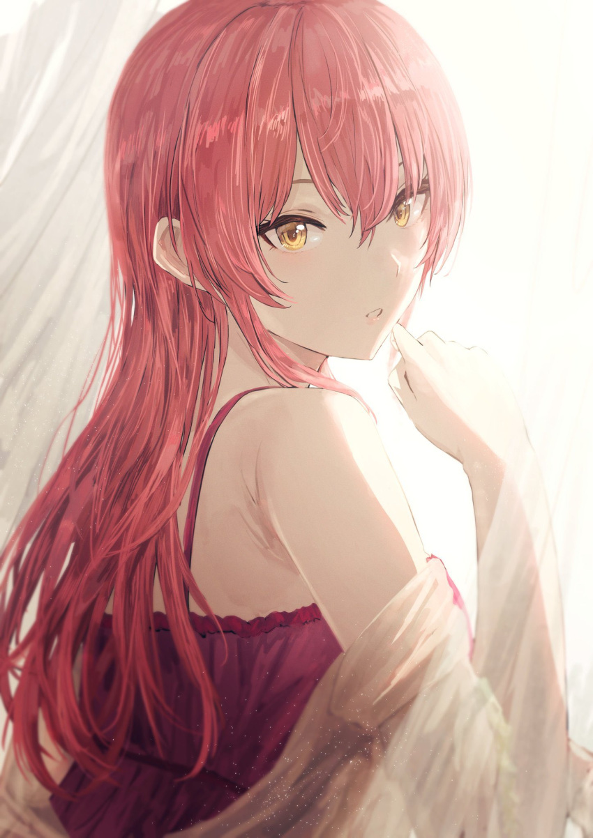 1girl :o camisole highres idolmaster idolmaster_cinderella_girls jougasaki_mika long_hair looking_at_viewer looking_back misaki_nonaka pink_hair red_camisole solo straight_hair upper_body white_curtains yellow_eyes