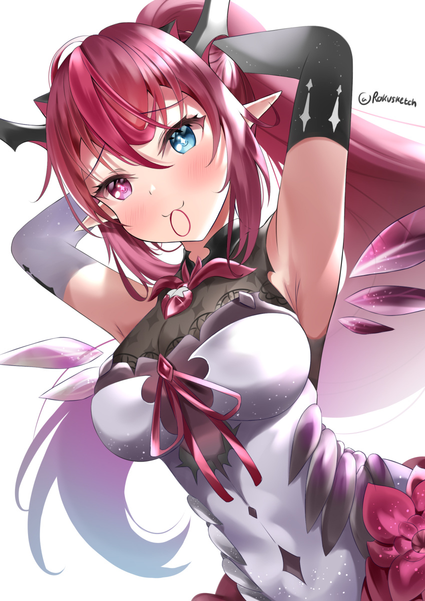 +_+ 1girl :3 absurdres armpits arms_up asymmetrical_gloves bangs bare_shoulders blue_eyes blush breasts brooch closed_mouth detached_wings dress elbow_gloves eyebrows_visible_through_hair flower gloves hair_between_eyes hair_tie heterochromia highres hololive hololive_english horns irys_(hololive) jewelry lace_trim large_breasts long_bangs long_hair looking_ahead mismatched_gloves mouth_hold pointy_ears ponytail purple_hair ribbon rokusketch shirt sidelocks simple_background sleeveless sleeveless_shirt smile tight tight_dress twitter_username tying_hair very_long_hair violet_eyes virtual_youtuber white_background wings