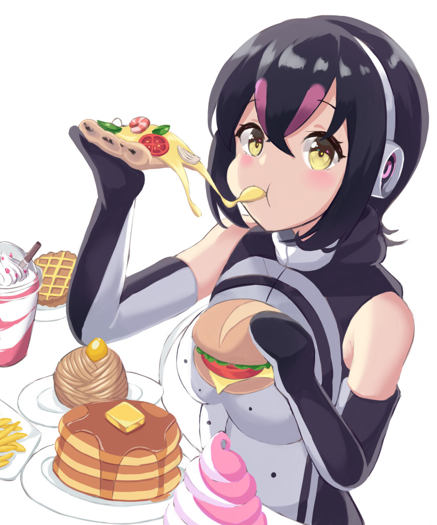 1girl absurdres animal_costume black_hair burger cake eating food gloves headphones highres humboldt_penguin_(kemono_friends) kemono_friends kemono_friends_v_project multicolored_hair penguin_costume pizza sawara_noa short_hair simple_background solo tail virtual_youtuber