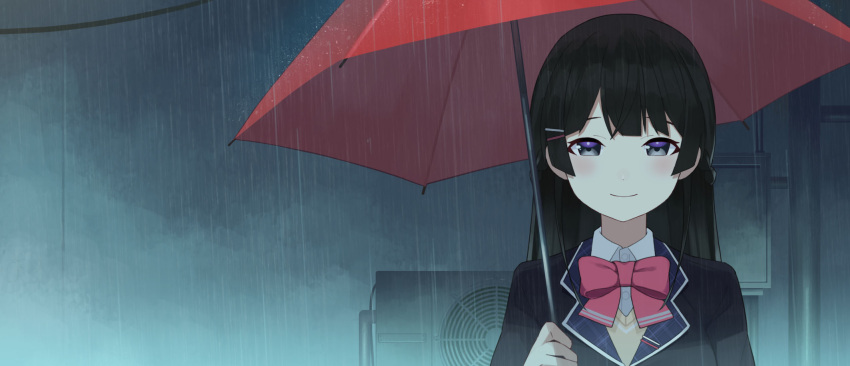 1girl black_hair blue_eyes bow bowtie commentary_request highres kaguya_(srx61800) long_hair looking_at_viewer nijisanji outdoors pink_bow rain school_uniform smile solo tsukino_mito umbrella upper_body virtual_youtuber