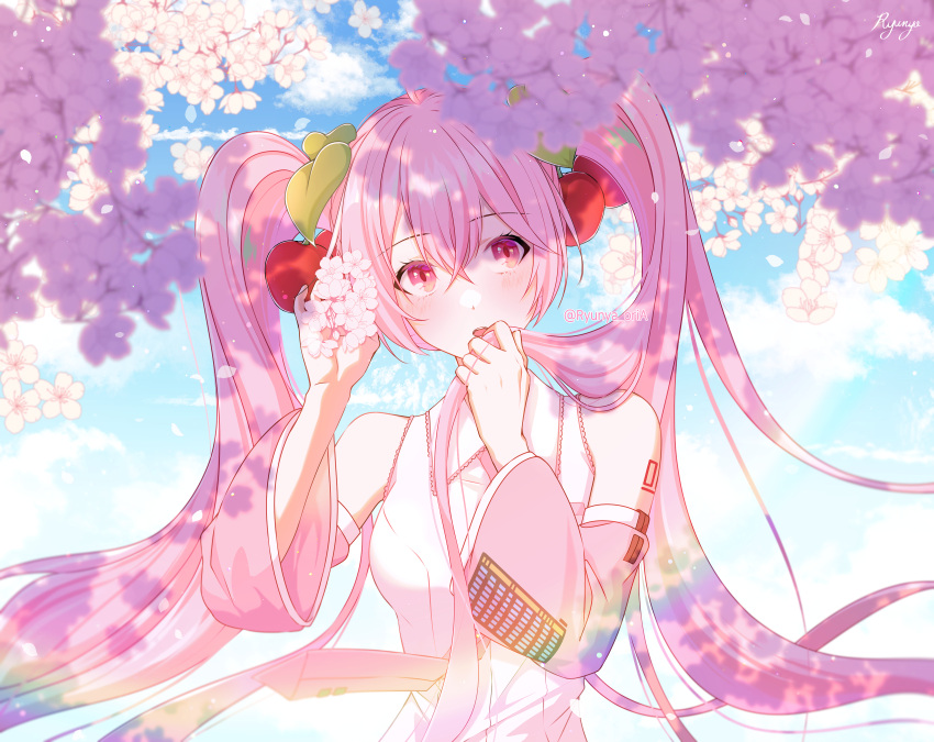 1girl :o arm_up artist_name bangs blush cherry_blossoms cherry_hair_ornament collared_shirt detached_sleeves floating_hair flower food-themed_hair_ornament hair_ornament hand_to_own_mouth hatsune_miku highres holding holding_flower holding_hair light_rays long_hair long_sleeves looking_to_the_side necktie open_mouth pink_eyes rainbow ryuha0428 sakura_miku shirt sky sleeveless sleeveless_shirt solo twintails very_long_hair vocaloid wide_sleeves