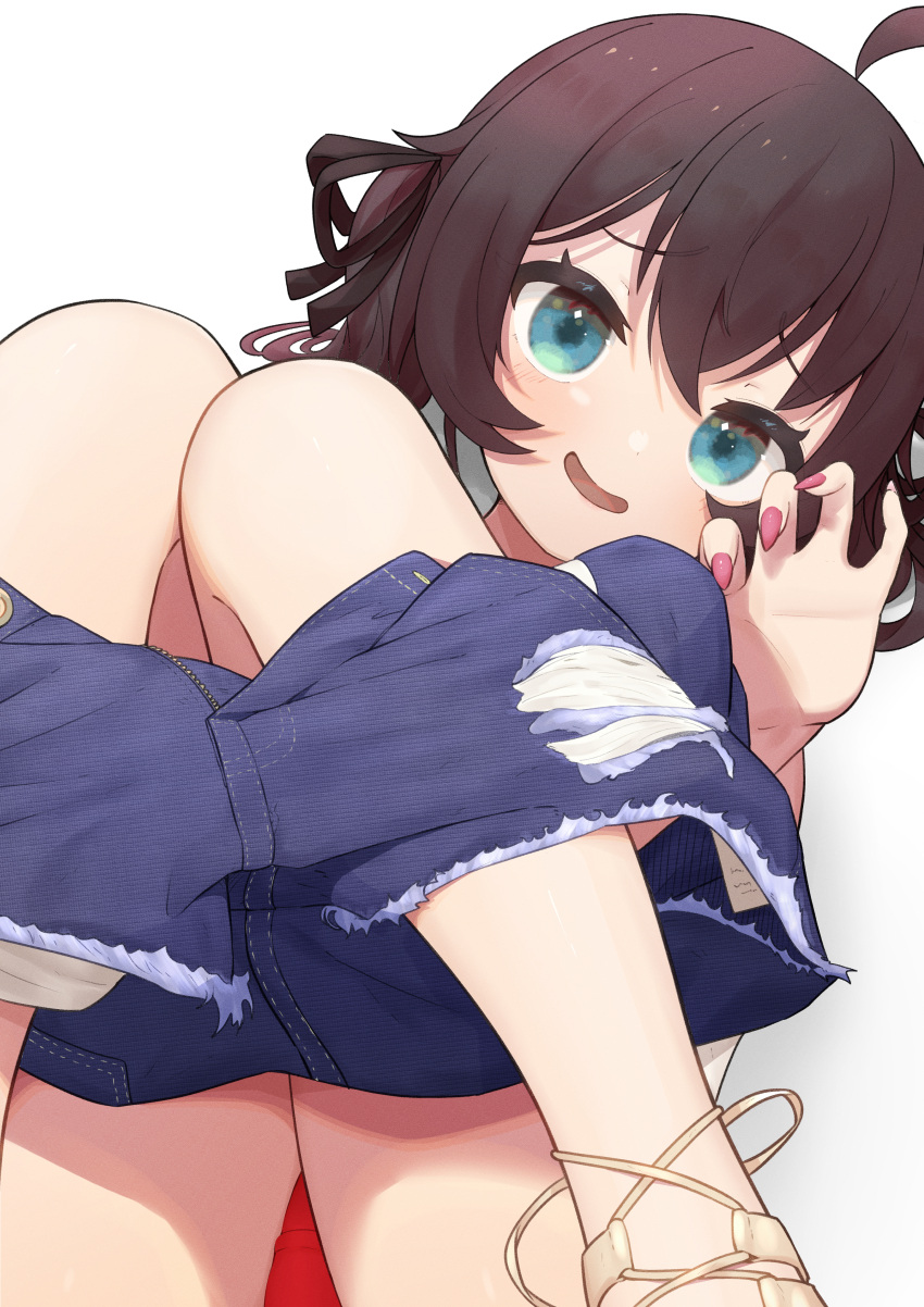 1girl absurdres ahoge aqua_eyes brown_hair denim denim_shorts highres hololive looking_at_viewer lunch_boxer natsuiro_matsuri pink_nails shorts torn_clothes torn_shorts twintails undressing virtual_youtuber