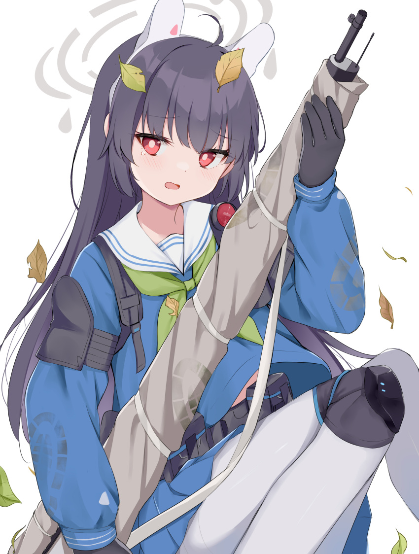 1girl absurdres ahoge bangs black_gloves black_hair blue_archive blue_serafuku blue_shirt blue_skirt blush bolt_action commentary_request eyebrows_visible_through_hair gloves green_neckerchief gun halo headgear highres holding holding_gun holding_weapon knees_together_feet_apart knees_up leaf leaf_on_head long_hair long_sleeves looking_at_viewer miyu_(blue_archive) mosin-nagant neckerchief open_mouth pantyhose pleated_skirt puffy_long_sleeves puffy_sleeves red_eyes rifle sailor_collar school_uniform serafuku shirt simple_background skirt sleeves_past_wrists solo swon_(joy200892) tears very_long_hair weapon white_background white_legwear white_sailor_collar