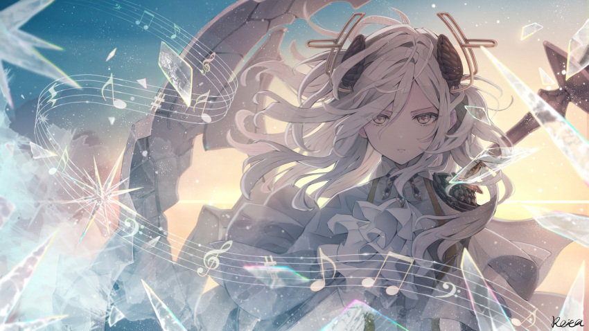 1girl alchemy_stars armor backlighting bangs bass_clef beamed_eighth_notes capelet carleen_(alchemy_stars) closed_mouth clouds dress eighth_note floating_hair hair_intakes hair_ornament highres horizon hoshizaki_reita ice jabot long_hair looking_at_viewer musical_note polearm quarter_rest sharp_sign shoulder_armor signature solo spear staff_(music) sunset treble_clef upper_body weapon white_dress white_hair wind yellow_eyes