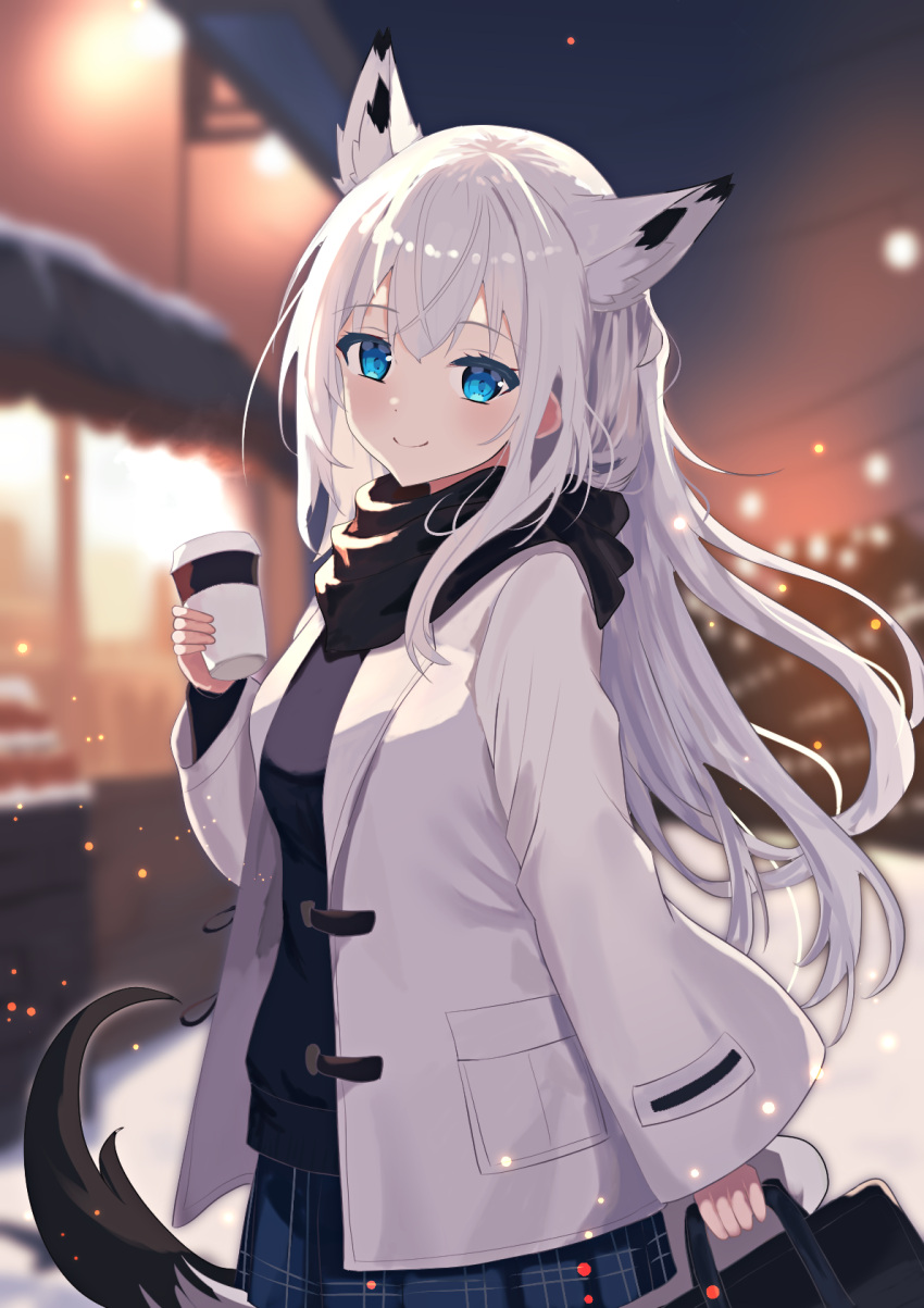 alternate_costume animal_ears azur_lane bag black_scarf black_shirt blue_eyes blush casual coat coffee_cup crossed_bangs cup disposable_cup dot_nose duosix_setsu0408 extra_ears fox_ears fox_girl fox_tail highres holding holding_bag holding_cup kawakaze_(azur_lane) light_particles looking_at_viewer night open_clothes open_coat plaid plaid_skirt scarf shirt skirt snow tail white_coat white_hair wide_sleeves