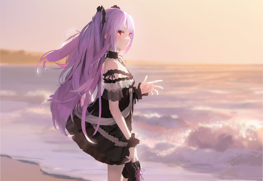 1girl bangs beach black_dress black_footwear closed_mouth detached_collar dress from_side highres holding holding_shoes hololive logknn long_hair looking_at_viewer ocean outdoors pink_hair red_eyes shoes shoes_removed short_dress sideways_glance solo uruha_rushia very_long_hair virtual_youtuber wrist_cuffs