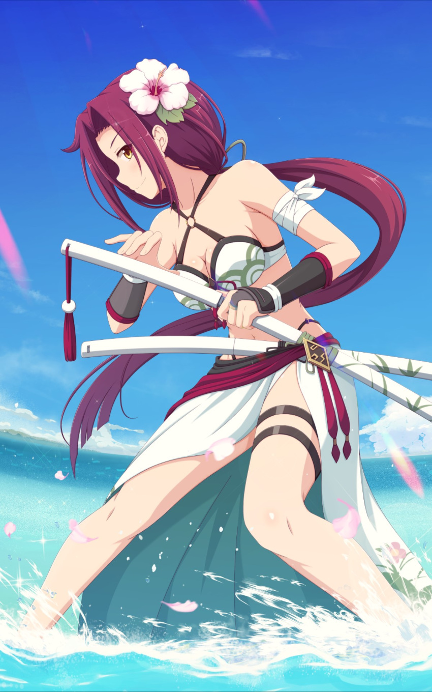 1girl bandaged_arm bandages bare_legs bare_shoulders blue_sky breasts bridal_gauntlets closed_mouth collarbone commentary dress eyebrows_visible_through_hair eyelashes fighting_stance floral_background flower forehead hair_flower hair_ornament highres holding holding_sword holding_weapon ishida_seito katana legs_together long_hair looking_at_viewer looking_to_the_side medium_breasts multiple_weapons o-ring o-ring_top ocean outdoors petals ponytail princess_connect! rainbow_gradient ready_to_draw redhead ruka_(princess_connect!) sky smile solo sparkle splashing standing sword thigh_strap v-shaped_eyebrows wading water weapon white_dress yellow_eyes