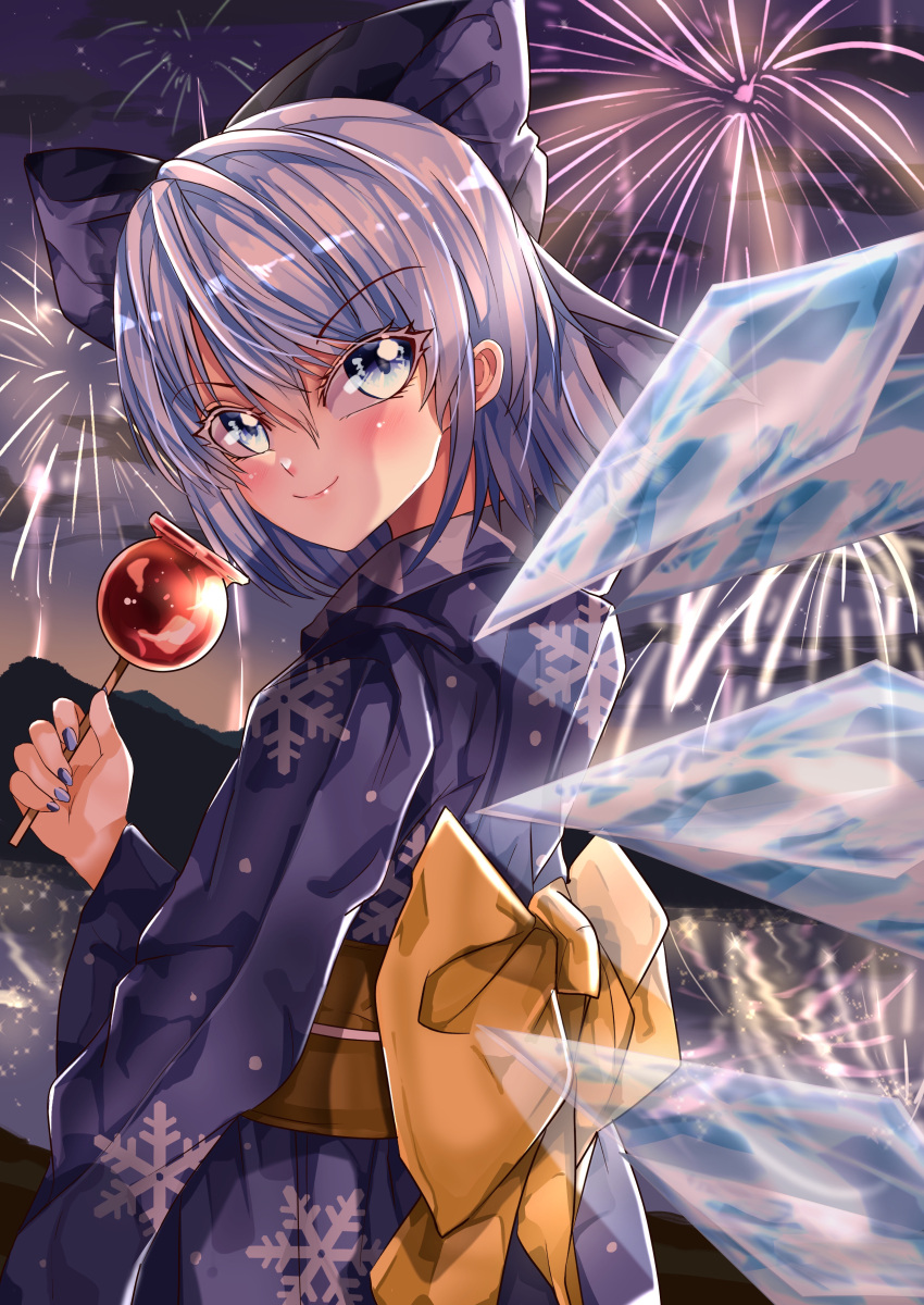 1girl absurdres back_bow blue_bow blue_eyes blue_hair blue_kimono blue_nails bow cirno closed_mouth commentary_request detached_wings eyebrows_visible_through_hair fireworks food from_below hair_between_eyes hair_bow highres holding holding_food ice ice_wings japanese_clothes kimono looking_at_viewer looking_back maboroshi_mochi nail_polish night outdoors print_kimono short_hair smile snowflake_print solo touhou wings yellow_bow
