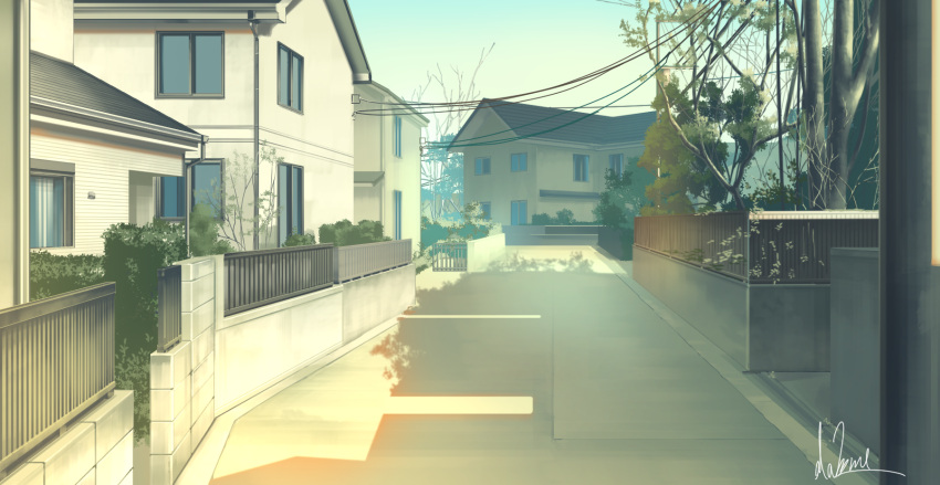 blue_sky building bush commentary_request fence hakuurei_amano highres house no_humans original outdoors power_lines road scenery shadow sky street tree utility_pole watermark window