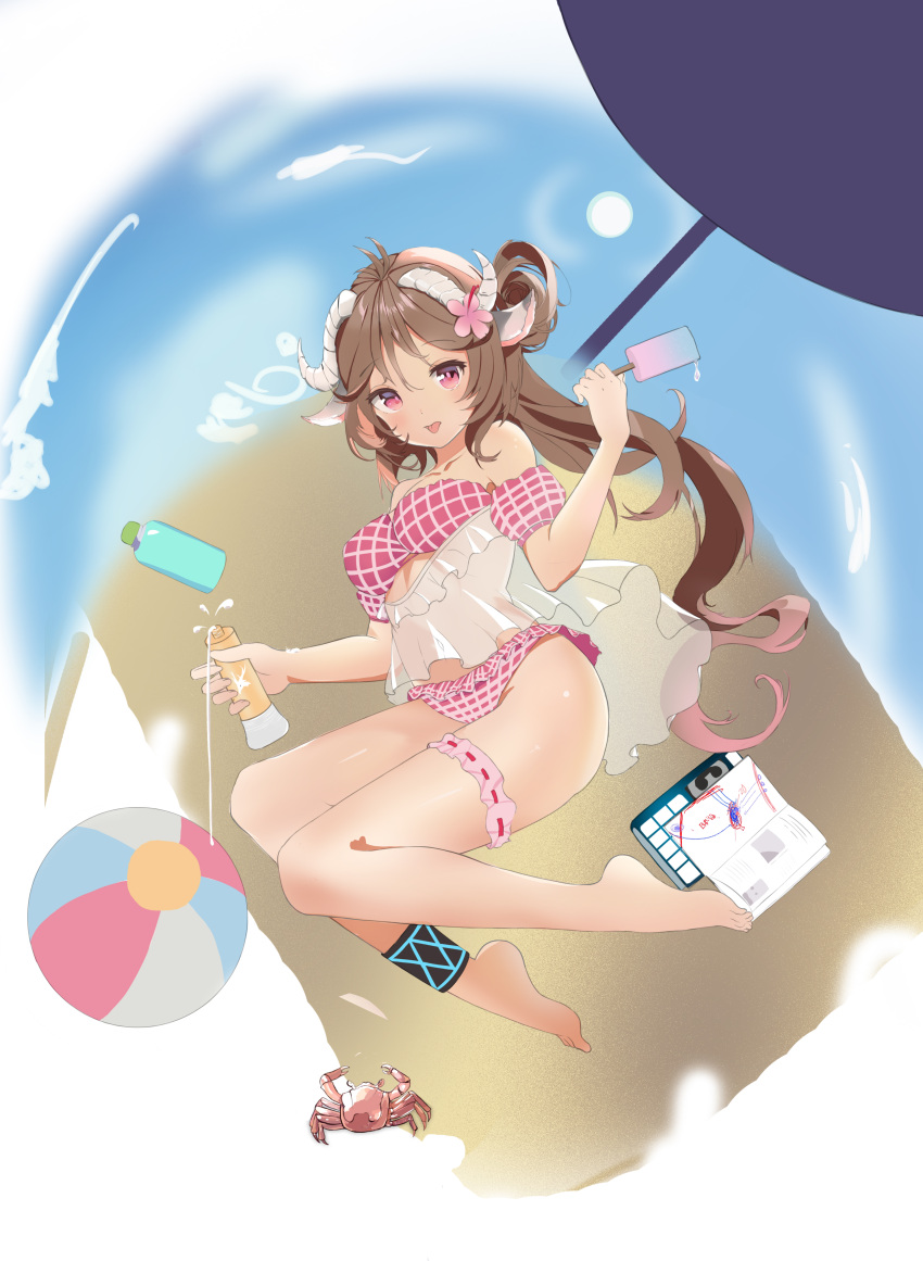 1girl :p absurdres animal_ears arknights ball bangs bare_legs barefoot beachball bikini breasts brown_hair commentary_request crab eyebrows_visible_through_hair eyjafjalla_(arknights) eyjafjalla_(summer_flowers)_(arknights) flower food hair_flower hair_ornament hand_up highres holding holding_food horns infection_monitor_(arknights) leg_garter long_hair looking_at_viewer medium_breasts off-shoulder_bikini off_shoulder official_alternate_costume pink_bikini pink_eyes pink_flower plaid plaid_bikini popsicle qiyueban sheep_ears sheep_horns solo swimsuit thighs tongue tongue_out very_long_hair