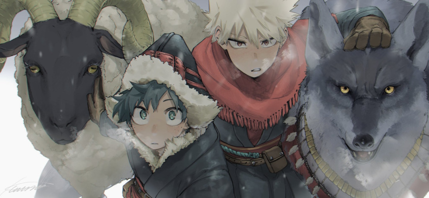 2boys animal bakugou_katsuki black_coat black_headwear blonde_hair boku_no_hero_academia breath brown_gloves coat commentary_request freckles fur-trimmed_headwear gloves green_eyes green_hair hand_on_another's_face hand_on_another's_head hat highres horizontal_pupils horns kuwanosisyamo long_sleeves looking_at_viewer making-of_available male_focus midoriya_izuku multiple_boys official_alternate_costume open_mouth parted_lips red_eyes red_scarf scarf sheep short_hair signature spiky_hair wolf yellow_eyes