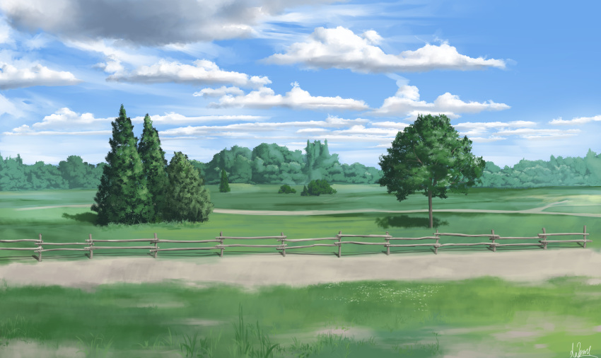 blue_sky bush clouds commentary_request fence grass hakuurei_amano highres no_humans original outdoors rural scenery shadow sky tree watermark wooden_fence