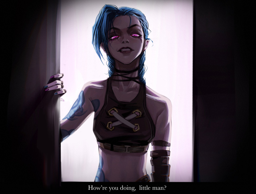 1girl arcane:_league_of_legends arcane_jinx asymmetrical_bangs bangs bare_shoulders braid breasts brown_shirt cloud_tattoo crop_top d_(xxl30433461) elbow_gloves english_text fingerless_gloves gloves grin highres jinx_(league_of_legends) league_of_legends pink_eyes pink_nails shirt small_breasts smile solo subtitled teeth twin_braids twintails