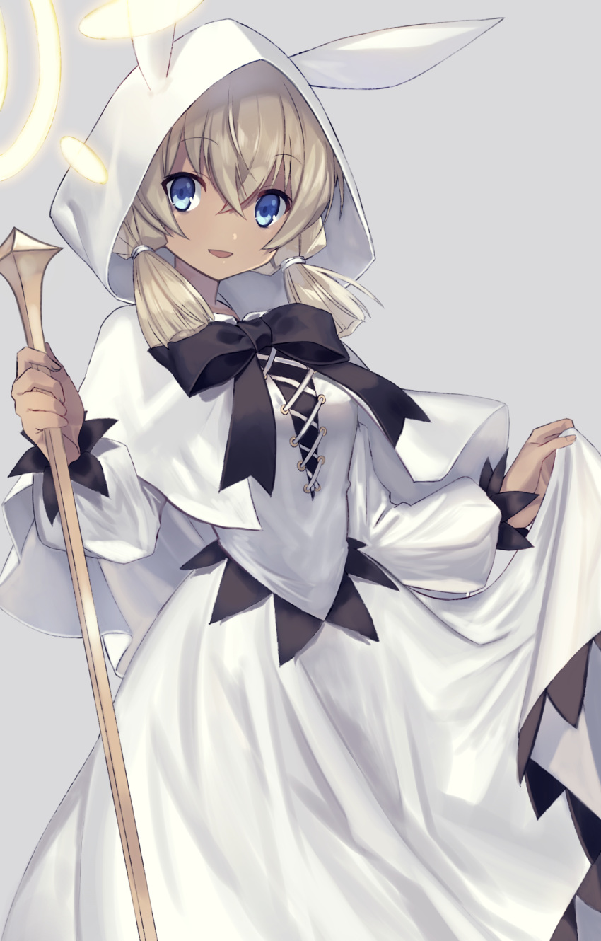 1girl amuro_tooru animal_ears bangs black_bow black_bowtie blue_eyes bow bowtie breasts capelet cross-laced_clothes dark-skinned_female dark_skin dress fake_animal_ears feet_out_of_frame genderswap genderswap_(mtf) grey_background hands_up highres holding holding_staff hood hood_up hooded_capelet light_brown_hair long_hair long_sleeves looking_at_viewer low_twintails meitantei_conan morimiya_(kuroro) outstretched_arms puffy_long_sleeves puffy_sleeves rabbit_ears simple_background skirt_hold smile solo staff sun_symbol twintails w_arms white_capelet white_dress white_theme