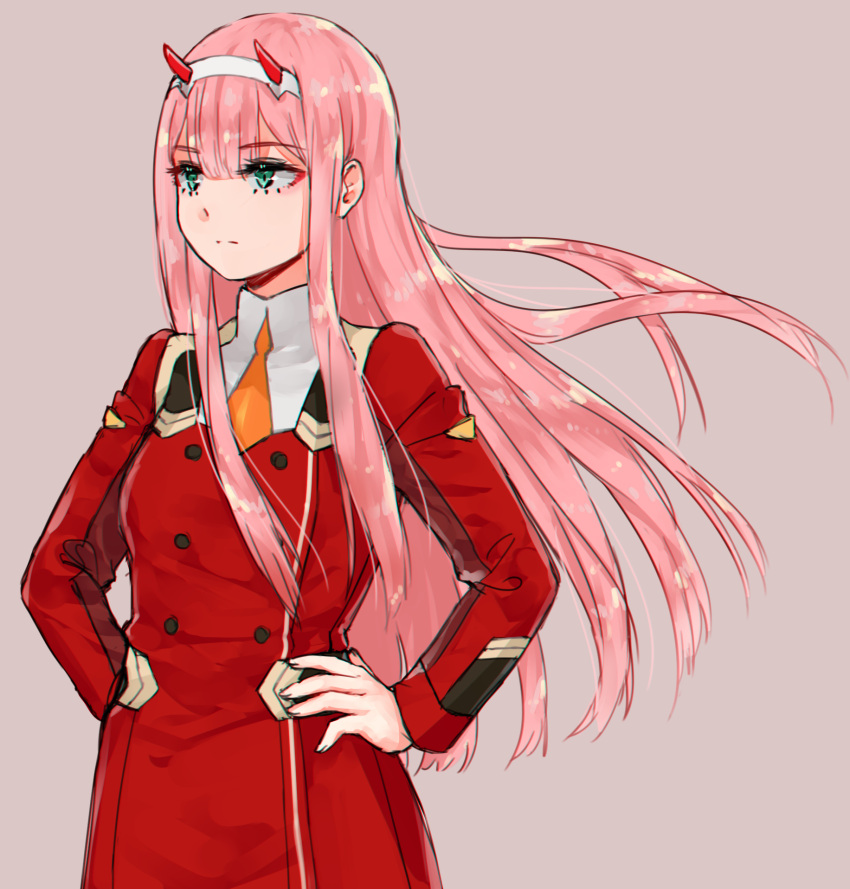 1girl akitannn bangs breasts darling_in_the_franxx eyebrows_visible_through_hair green_eyes hairband hand_on_hip highres horns long_hair medium_breasts military military_uniform oni_horns pink_hair red_horns solo uniform white_hairband zero_two_(darling_in_the_franxx)