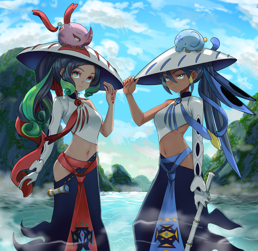 2girls absurdres adjusting_clothes adjusting_headwear blue_eyes blue_hair blue_pupils blue_sky breasts dark-skinned_female dark_skin day elephant eyelashes fate/grand_order fate_(series) frown gloves green_hair hand_tattoo highres holding holding_weapon ichimegasa kaiji14 looking_at_viewer medium_breasts midriff multicolored_hair multiple_girls navel outdoors red_eyes red_pupils siblings single_glove single_sleeve sisters sky smile streaked_hair tattoo trung_nhi_(fate) trung_trac_(fate) vietnamese_dress water weapon white_gloves white_headwear