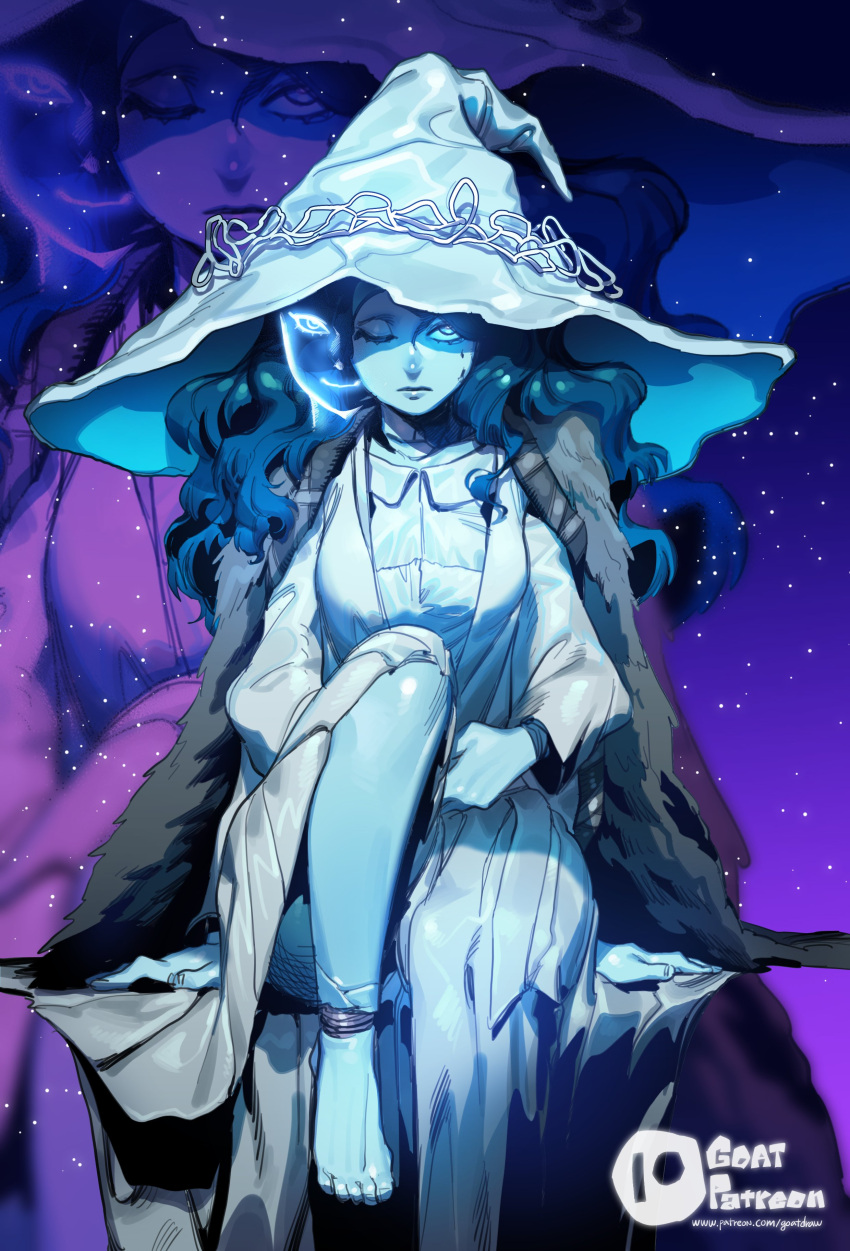 1girl absurdres barefoot blue_eyes blue_hair blue_skin cloak closed_mouth colored_skin cracked_skin doll_joints dress elden_ring extra_arms extra_faces fur_cloak goatdraw hat highres joints long_hair looking_at_viewer one_eye_closed ranni_the_witch solo white_dress white_headwear witch witch_hat