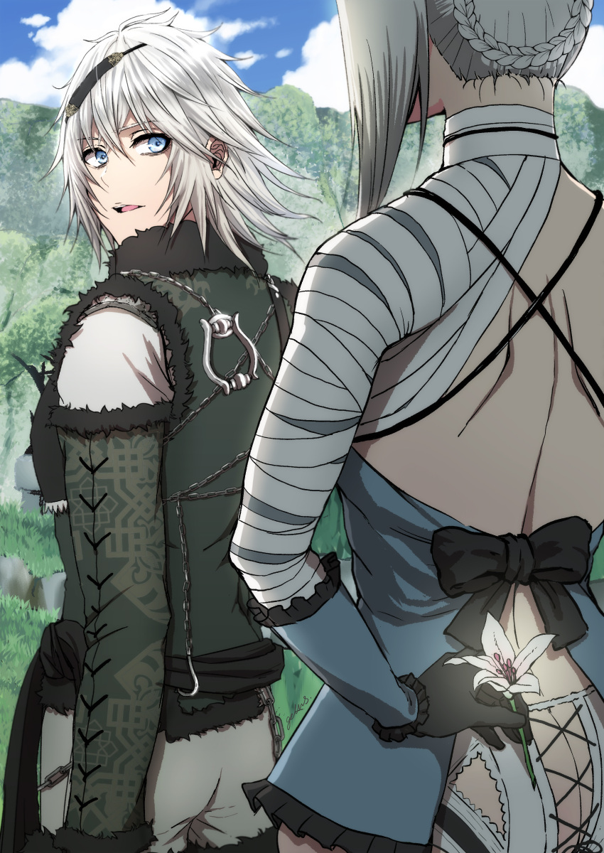 absurdres arm_behind_back back back_bow bandaged_arm bandages black_gloves bow braid butt_crack flower frills from_behind fur_trim gloves hair_ornament highres kaine_(nier) looking_at_another looking_back nier nier_(series) nier_(young) silver_hair standing zerusu_(gelus)