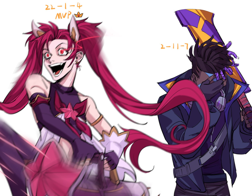 bangs bare_shoulders black_gloves black_hair black_jacket black_pants blue_hair blue_shirt blurry bow covered_collarbone crazy_smile crop_top d_(xxl30433461) dark-skinned_male dark_skin ekko_(league_of_legends) elbow_gloves english_commentary fang fingerless_gloves gloves hand_on_own_face highres holding holding_sword holding_weapon jacket jinx_(league_of_legends) league_of_legends multicolored_hair official_alternate_costume open_clothes open_jacket pants red_bow red_eyes redhead shirt short_hair star_(symbol) star_guardian_(league_of_legends) star_guardian_jinx sword teeth true_damage_ekko twintails two-tone_hair weapon
