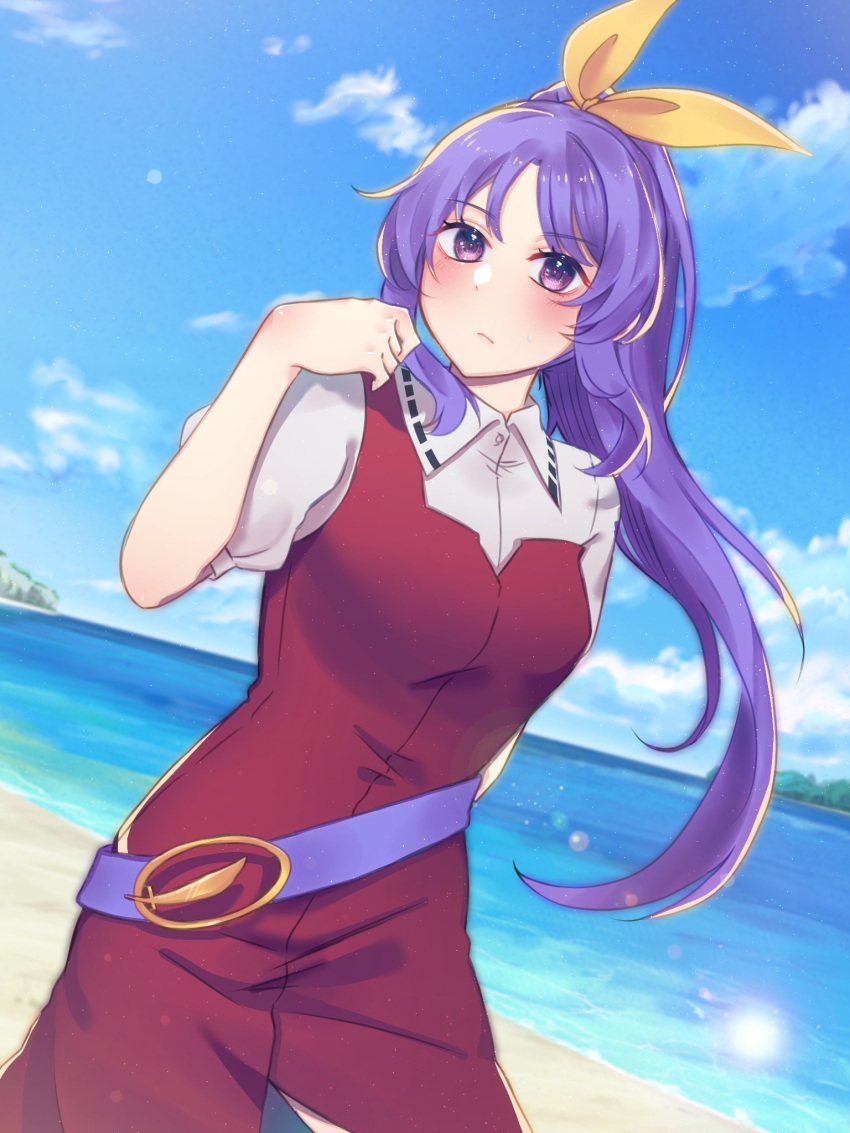 1girl beach belt blue_sky blush clouds day dutch_angle hair_ribbon highres horizon long_hair looking_at_viewer ocean outdoors purple_hair ribbon sakikagami shirt short_sleeves sky solo touhou violet_eyes watatsuki_no_yorihime white_shirt yellow_ribbon