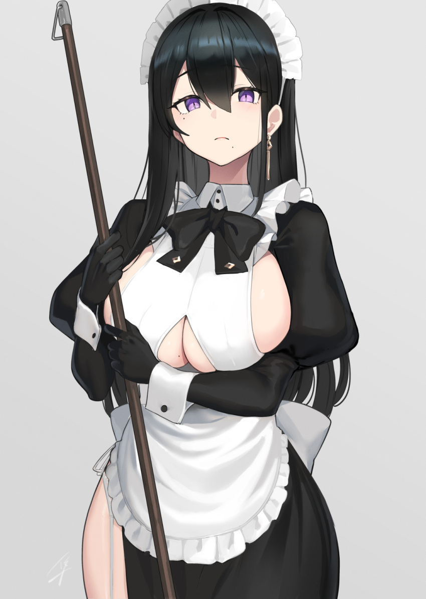 1girl apron bangs black_bow black_bowtie black_dress black_gloves black_hair blush bow bowtie breasts clothing_cutout dress earrings gloves grey_background hayabusa highres holding jewelry large_breasts long_hair long_sleeves looking_at_viewer maid maid_headdress mole mole_on_breast mole_under_eye mole_under_mouth original puffy_sleeves side_slit sideboob single_earring solo under_boob underboob_cutout violet_eyes white_apron wrist_cuffs