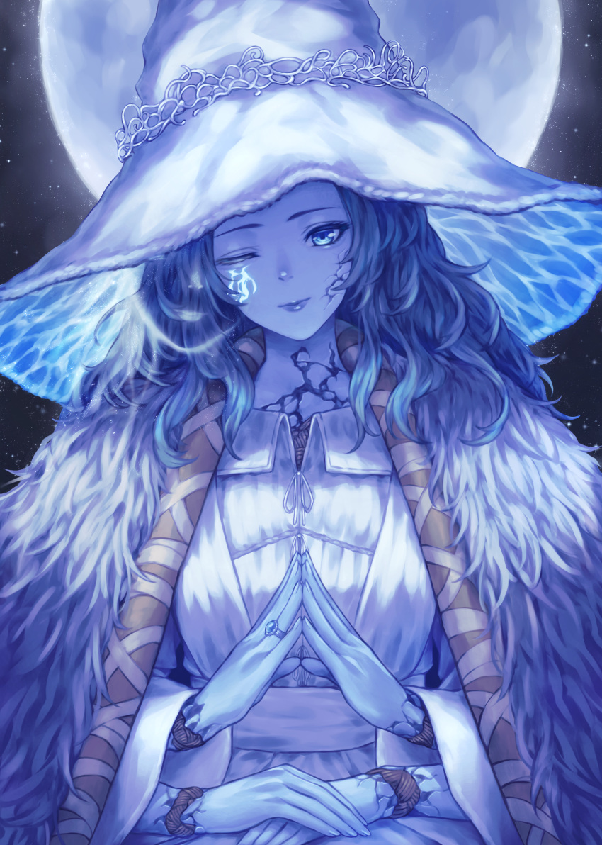 1girl absurdres banana_oekaki blue_eyes blue_hair blue_lips blue_skin blue_theme cloak closed_mouth colored_skin cracked_skin doll_joints dress elden_ring extra_arms extra_faces full_moon fur_cloak hat hat_ornament head_tilt highres jewelry joints long_hair looking_at_viewer moon night one_eye_closed own_hands_together ranni_the_witch ring smile solo star_(sky) steepled_fingers upper_body white_dress white_headwear witch_hat