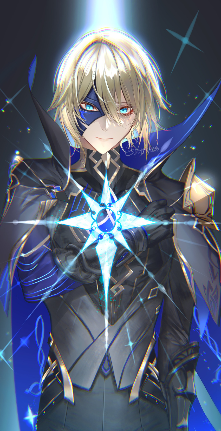 1boy absurdres aqua_eyes bangs black_cape black_gloves black_mask blonde_hair blue_cape cape closed_mouth dainsleif_(genshin_impact) genshin_impact gloves hair_between_eyes high_collar highres long_sleeves male_focus mask mask_over_one_eye multicolored_cape multicolored_clothes pottsness solo sparkle twitter_username