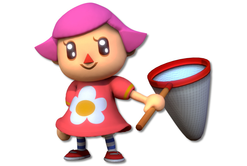 1girl 3d animal_crossing blender_(software) butterfly_net chibi child closed_mouth dress flower hand_net highres looking_at_viewer net no_eyebrows pink_dress pink_hair red_footwear short_hair smile solo super_smash_bros. theadorableoshawott villager_(animal_crossing) villager_(animal_crossing)_(female) white_background