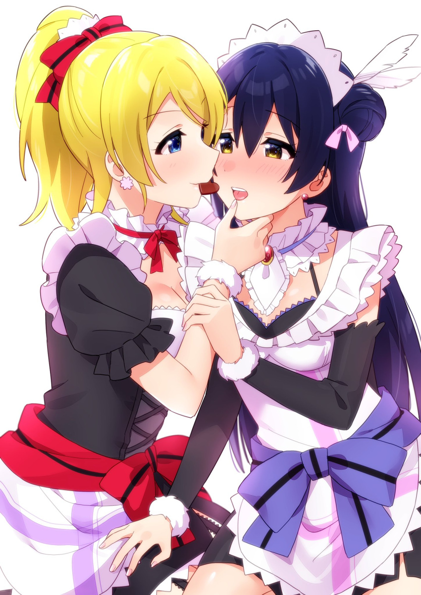 2girls apron arm_grab ayase_eli bangs blonde_hair blue_eyes blue_hair blush candy chocolate detached_sleeves earrings food food_in_mouth hair_bun hair_ribbon hand_on_another's_chin heart heart-shaped_chocolate highres holding holding_chocolate holding_food jewelry long_hair looking_at_another love_live! love_live!_school_idol_project maid maid_apron maid_headdress mogyutto_"love"_de_sekkin_chuu! multiple_girls nanatsu_no_umi open_mouth ponytail ribbon simple_background smile sonoda_umi swept_bangs white_background yellow_eyes yuri